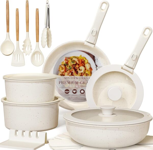 Astercook 21 Pcs Pots and Pans Set Non Stick, Ceramic Cookware Set Detachable Handle, RV Kitchen